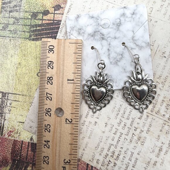 Long Sacred Flaming Heart Silver Dangle Statement Earrings New - Picture 11 of 12